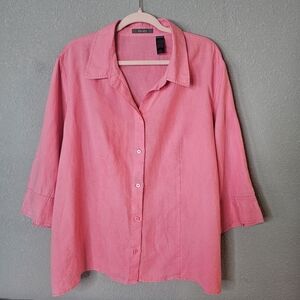 Liz Claiborne Linen Top Womens 16W Pink 3/4‎ Sleeve Button Up Shirt Blouse